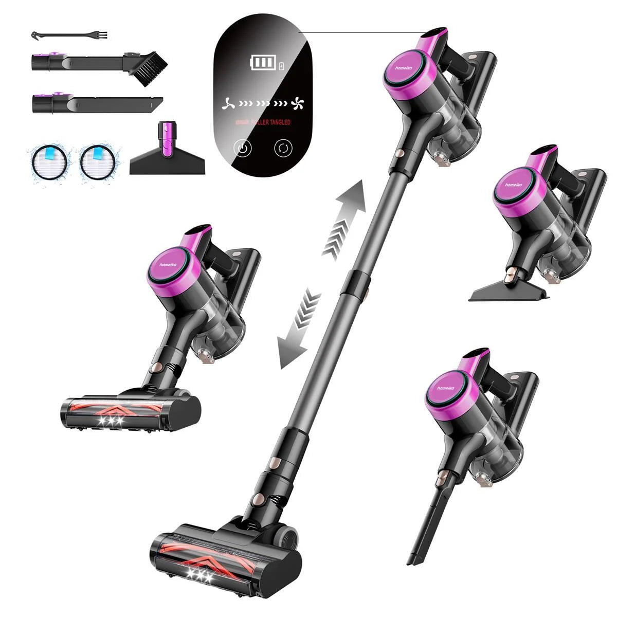 Cordless Vacuum Cleaner, 300W 23Kpa Powerful Suction Vacuum with LED Display, 3 Suction, 48Mins Runtime, Lightweight Stick Cleaner with Sofa Brush for Hard Floor/Carpet/Pet Hair/Car, Pink