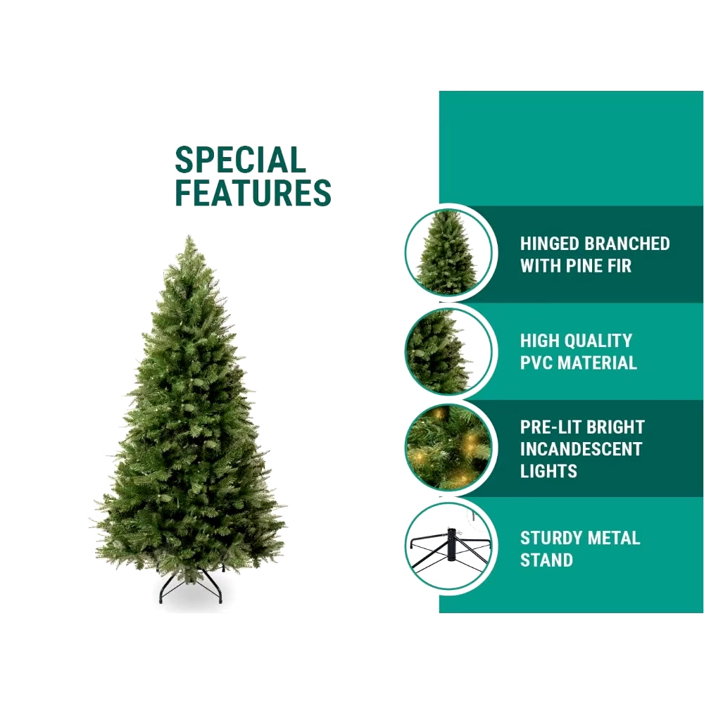 9Ft Christmas Tree with Lights, Realistic Fir Christmas Tree Prelit with 2532 Branch Tips, 900 Warm Lights and Metal Stand