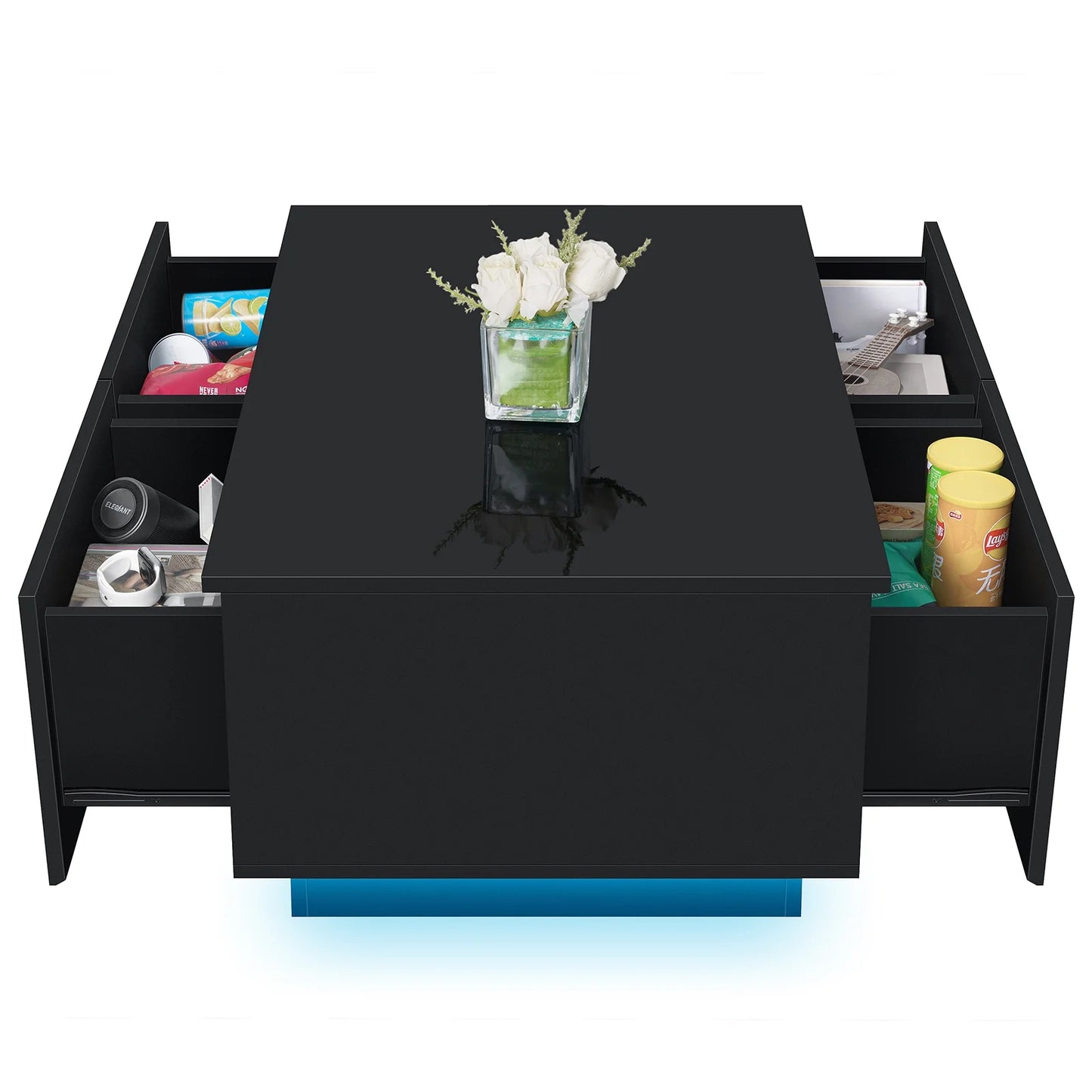 Coffee Table with 4 Drawers LED Center Table Sofa Side Tea Tables Black High Gloss Finish