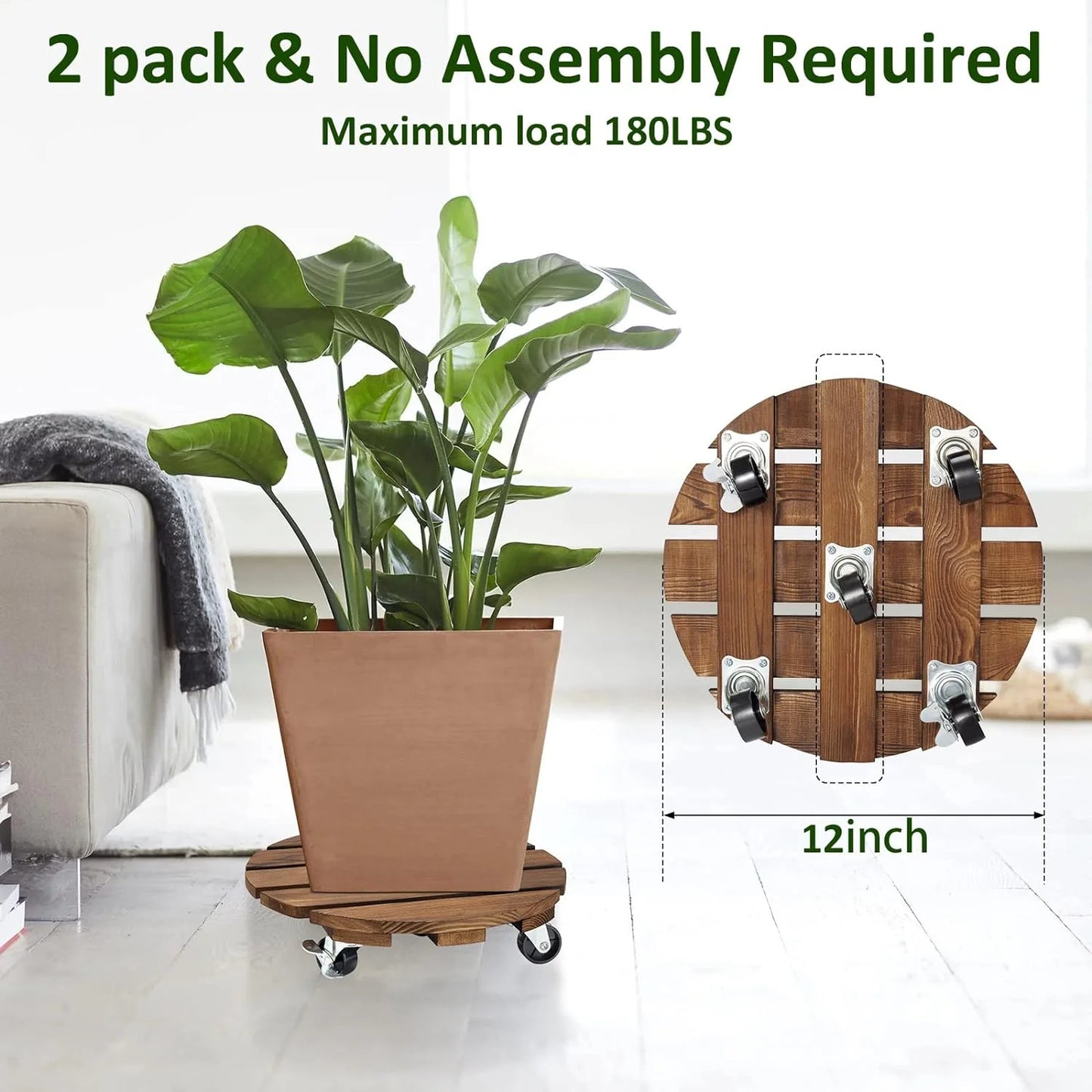 2Pack Plant Caddy 12’’Wood Duty round Plant Roller with 2 360° Lockable Caster Wheels