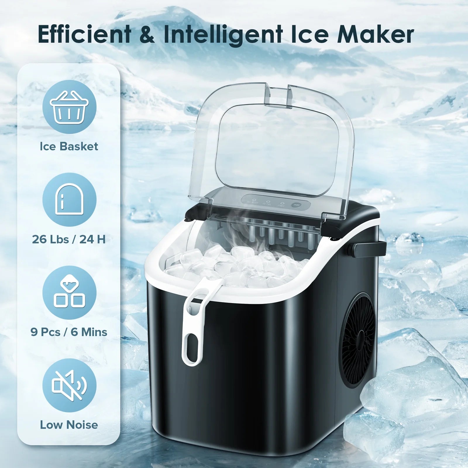 Countertop Ice Maker, Portable Ice Machine with Handle, 26Lbs/24H, 9Pcs/6Mins, One-Click Operation Ice Makers, with Ice Scoop and Basket, for Kitchen/Bar/Party - (Black)