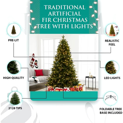 9Ft Christmas Tree with Lights, Realistic Fir Christmas Tree Prelit with 2532 Branch Tips, 900 Warm Lights and Metal Stand