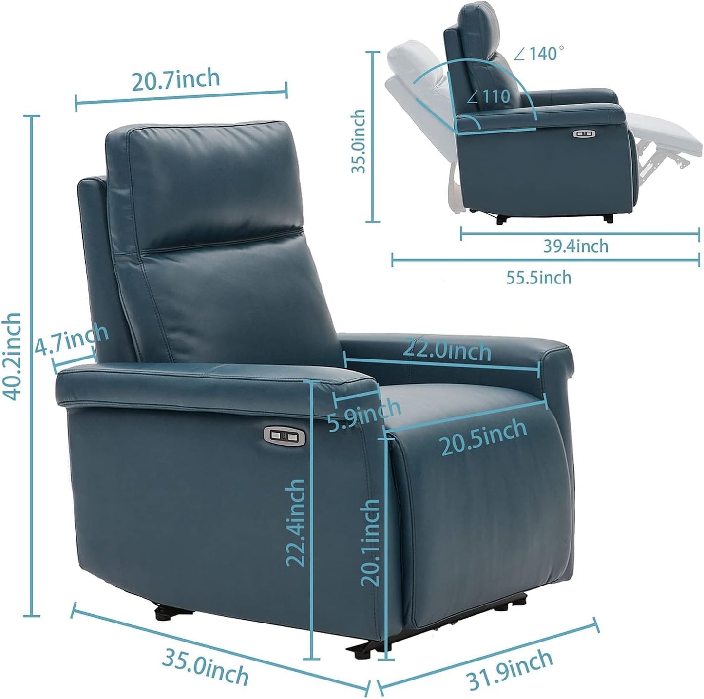 Electric Power Recliner Chair, Mid-Century Design Faux Leather Recliner, USB Charge Ports, Ergonomic Lounge Single Sofa for Bedroom, Living Room Chair, Blue