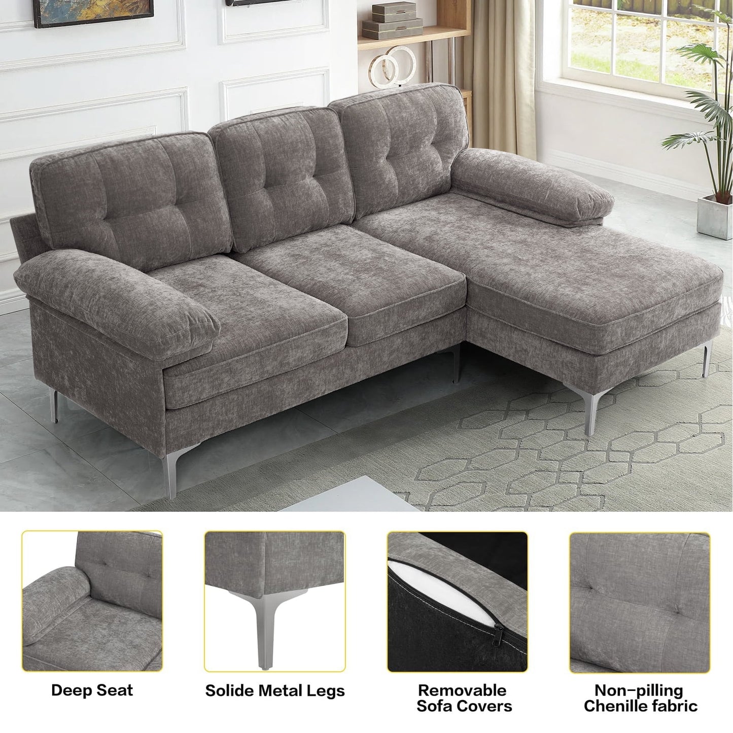 Convertible Sectional Sofa Couch, Convertible L Shaped Couch with Reversible Chaise, Sectional Couch for Small Space Apartment, 3 Seater, Grey