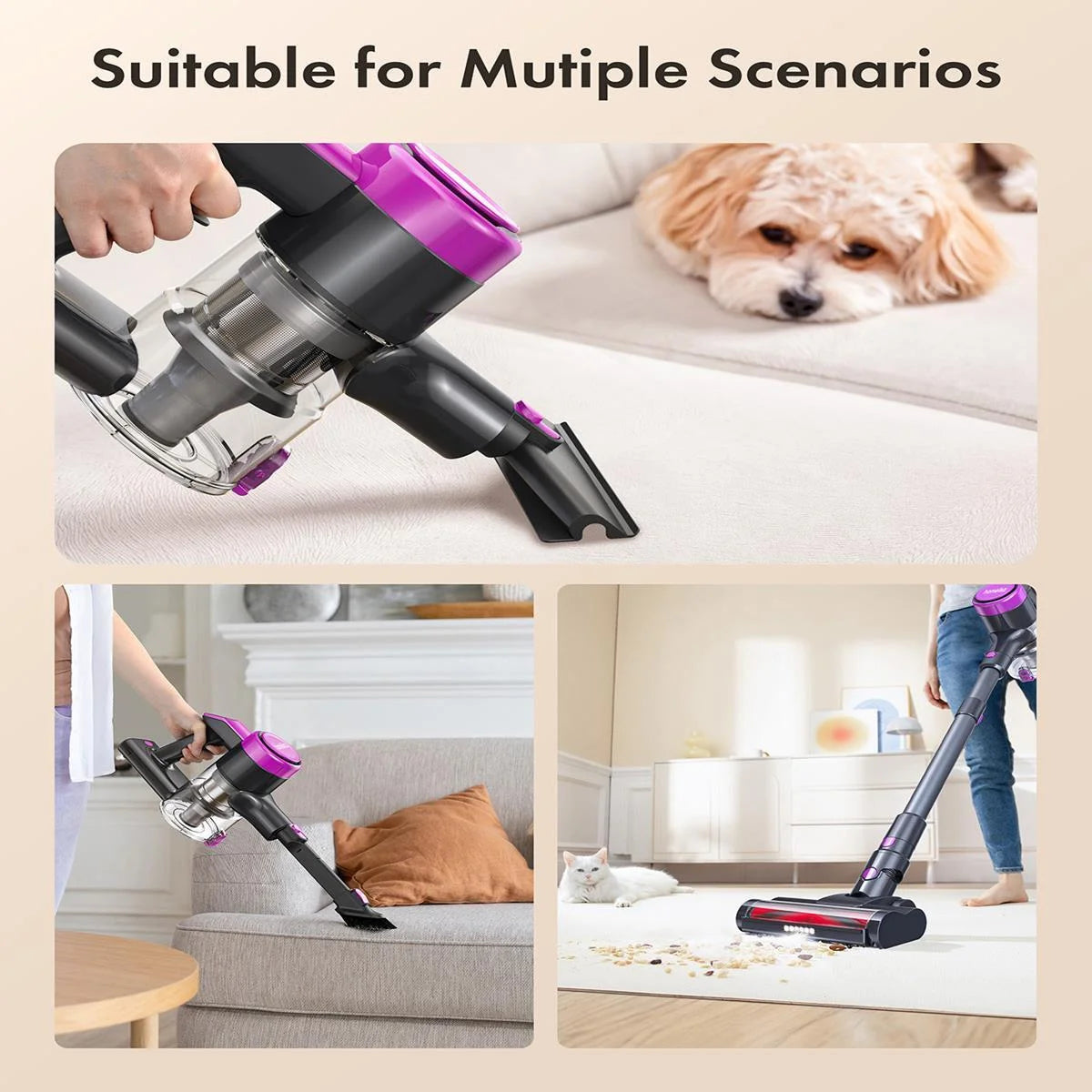 Cordless Vacuum Cleaner, 300W 23Kpa Powerful Suction Vacuum with LED Display, 3 Suction, 48Mins Runtime, Lightweight Stick Cleaner with Sofa Brush for Hard Floor/Carpet/Pet Hair/Car, Pink