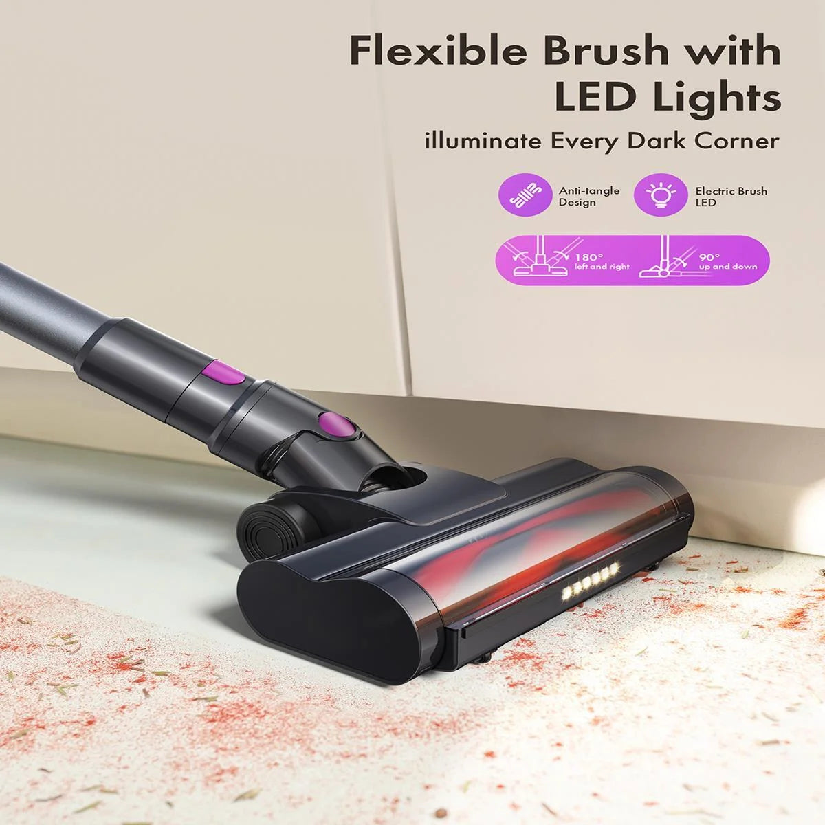 Cordless Vacuum Cleaner, 300W 23Kpa Powerful Suction Vacuum with LED Display, 3 Suction, 48Mins Runtime, Lightweight Stick Cleaner with Sofa Brush for Hard Floor/Carpet/Pet Hair/Car, Pink