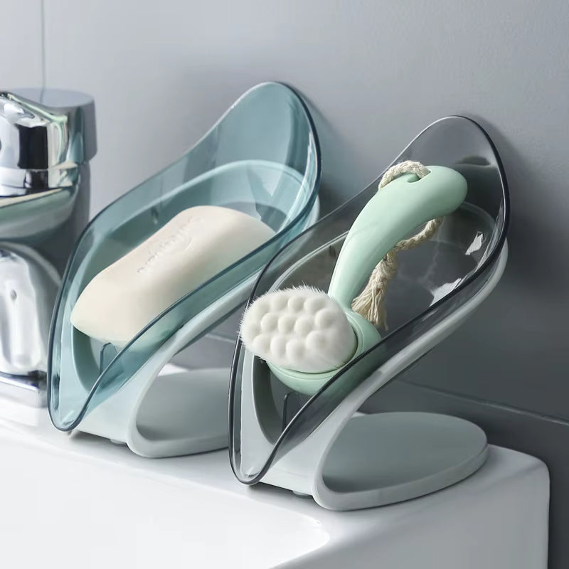 Suction Cup Soap Dish Box for Bathroom Shower Soap Holder with Drain Portable Leaf Shape Toilet Laundry Soap Rack Tray for Basin