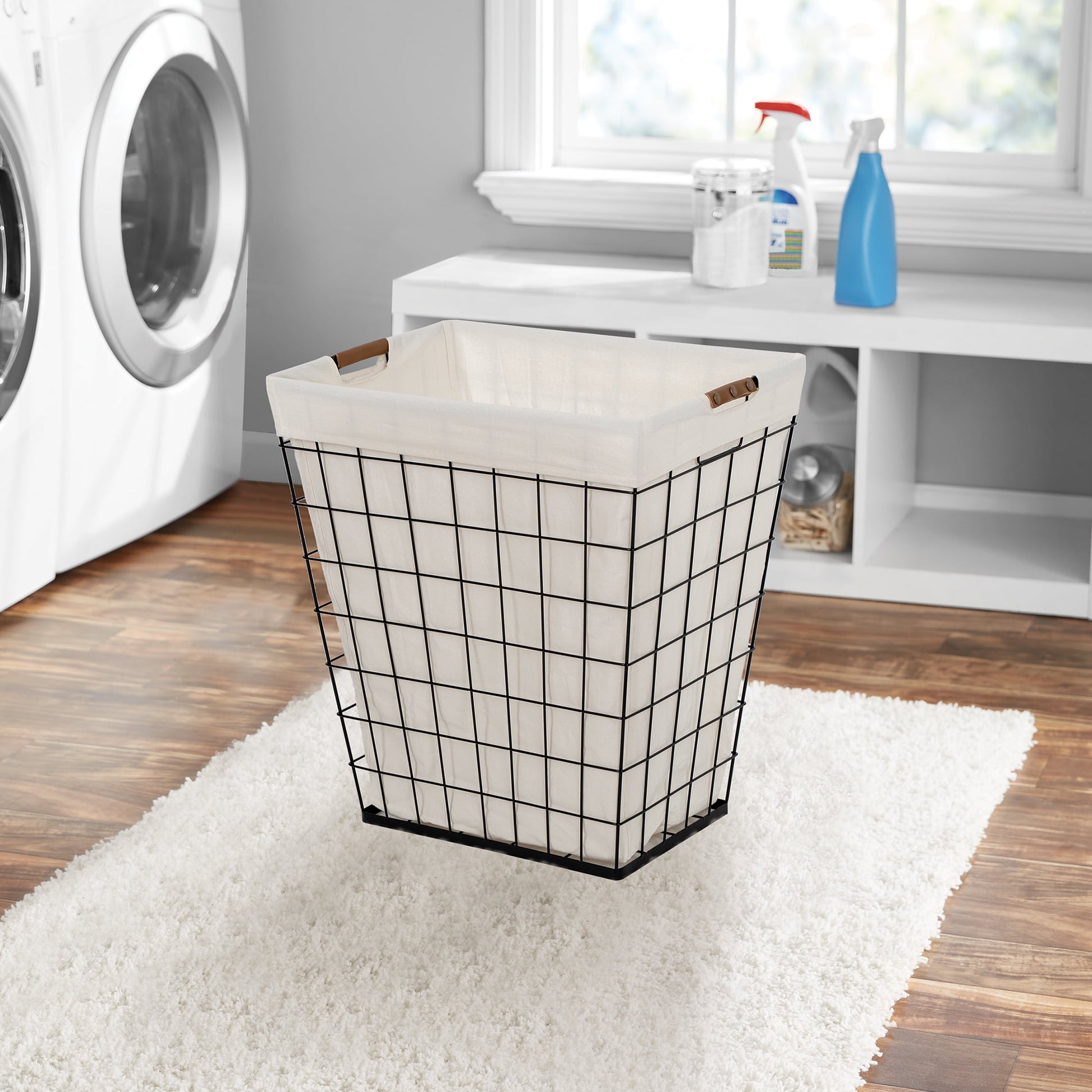 75L Rectangular Steel Wire Laundry Hamper with Removable Cotton Blend Liner for Adult, Black & Natural