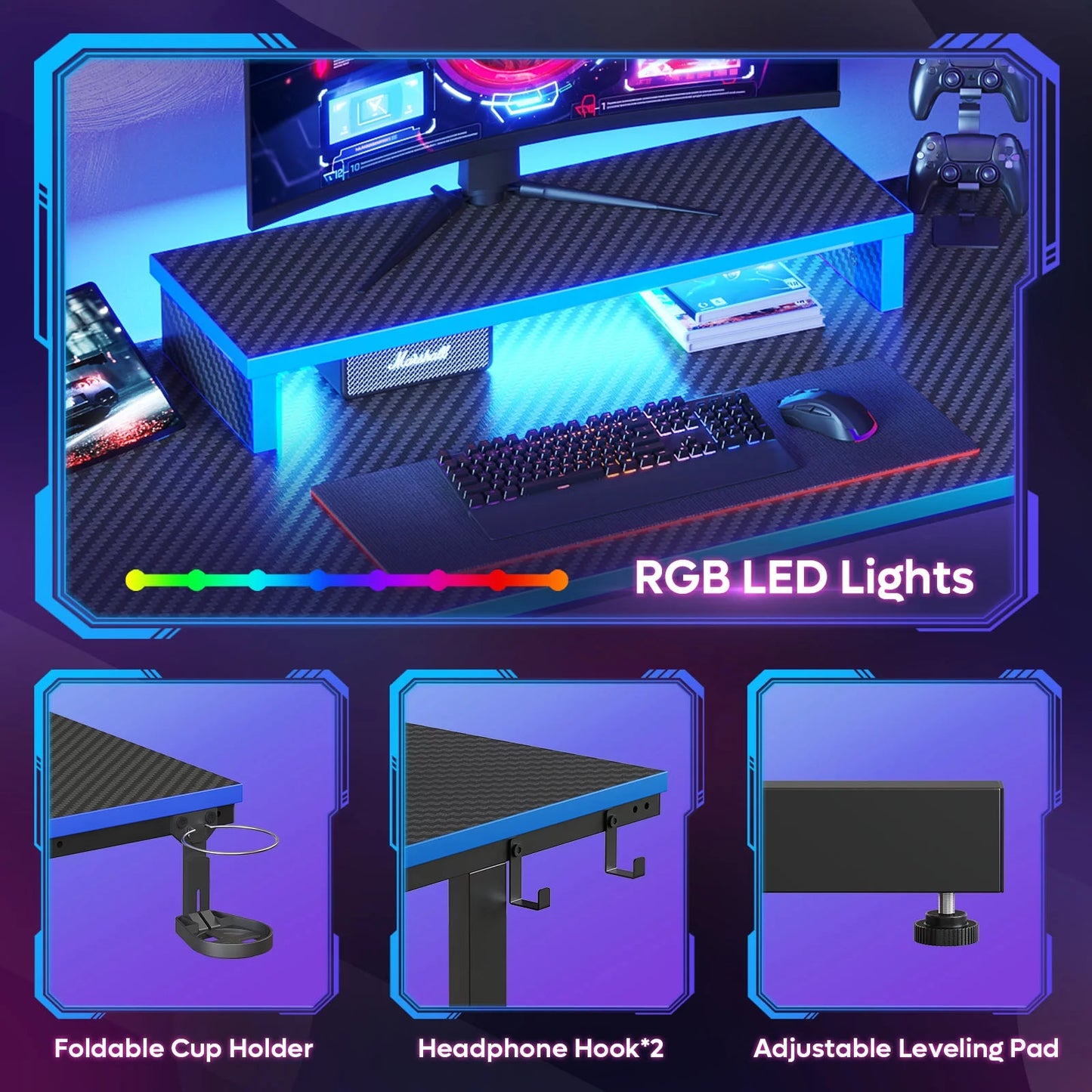 42" Gaming Desk PC Computer Table with LED Lights & Monitor Stand & Hook & Cup Holder in Blue