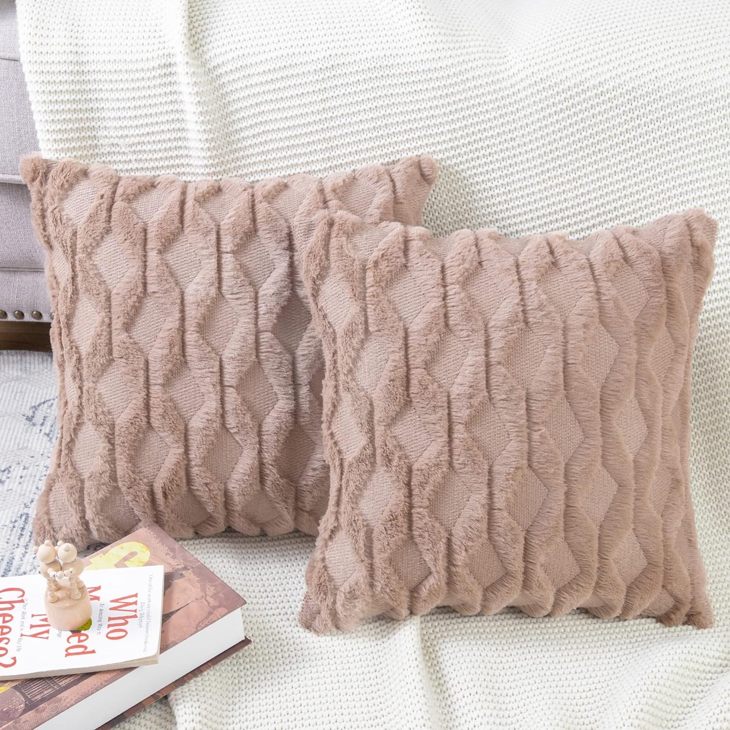 Set of 2 Soft Plush Short Wool Velvet Decorative Throw Pillow Covers 26X26 Inch Light Brown Square Luxury Style Cushion Case European Pillow Shell for Sofa Bedroom